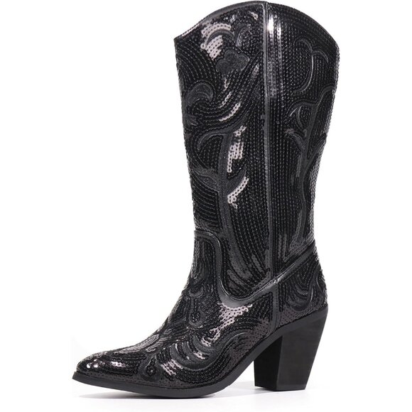 Women's Black Sequin Mid Calf Tall Zipper Pointed Toe Embroidered Cowgirl Boots - Picture 1 of 6